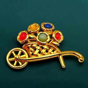 Vintage Trifari Flower Wheelbarrow Gold Tone Brooch Multi Flower Cabochons 2.25”